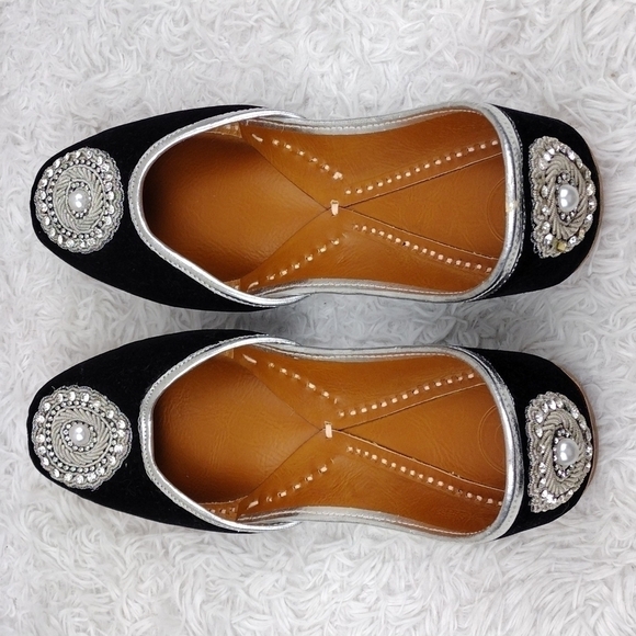 BELOVED MoXsha Black Suede Embellished Upper Square Toe  Slip On Jutti Flat Shoe - Picture 6 of 15
